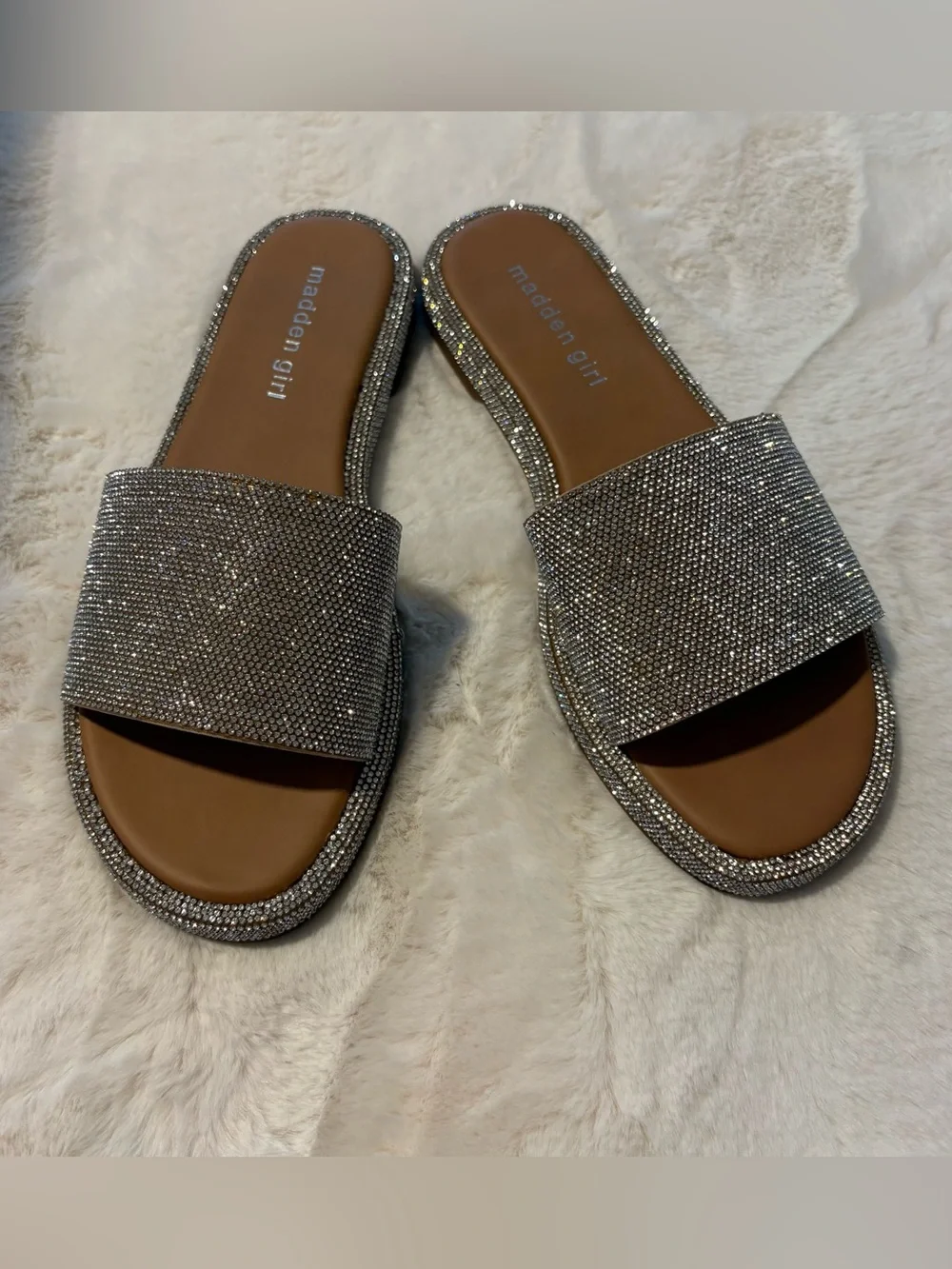 Madden Girl Silver Rhinestone Slide Sandals